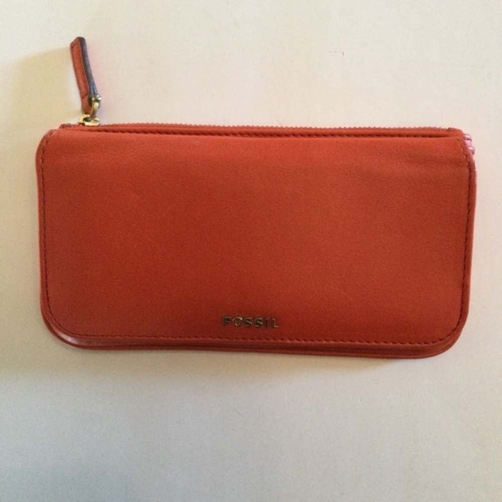 Fossil Tangerine Colored Genuine Leather Wallet Billfold Clutch With Zip…